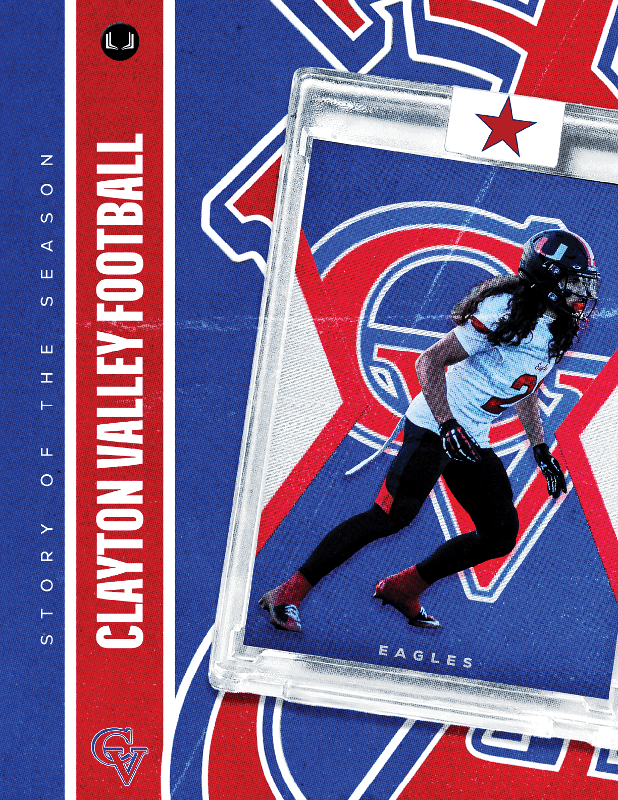 A blue and white card with a football player on it. Description generated by AI