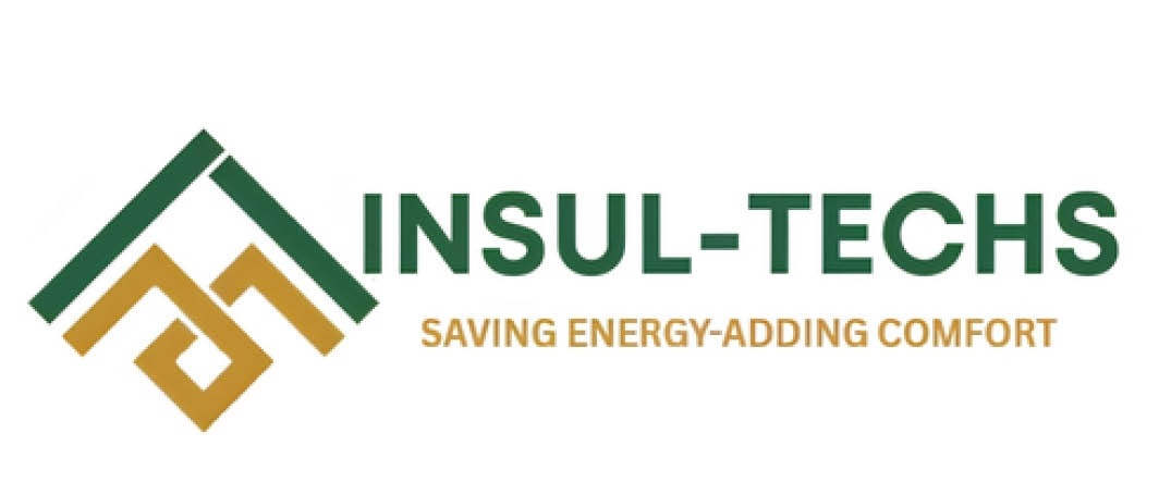 A logo featuring a stylized house roof design in green and gold with the text INSUL-TECHS and the tagline SAVING ENERGY-ADDING COMFORT below it. Description generated by AI