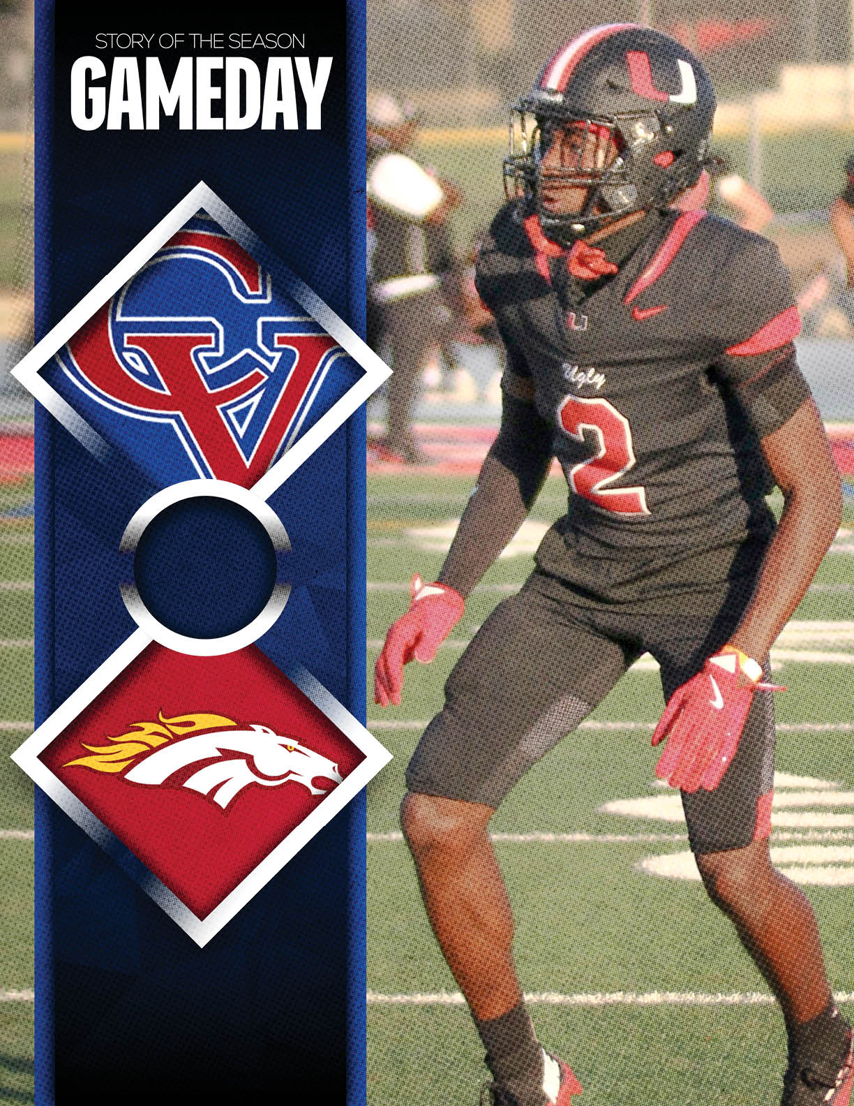 A person in a black football uniform with red and white accents is on a football field in a ready stance next to a graphic showing a game day matchup between teams with logos featuring the letters CV and a flaming horse head. Description generated by AI