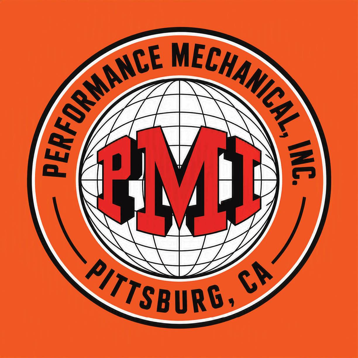 A circular logo with a white globe in the center and bold red letters PMI, surrounded by black text reading Performance Mechanical, Inc. and Pittsburg, CA on an orange background. Description generated by AI