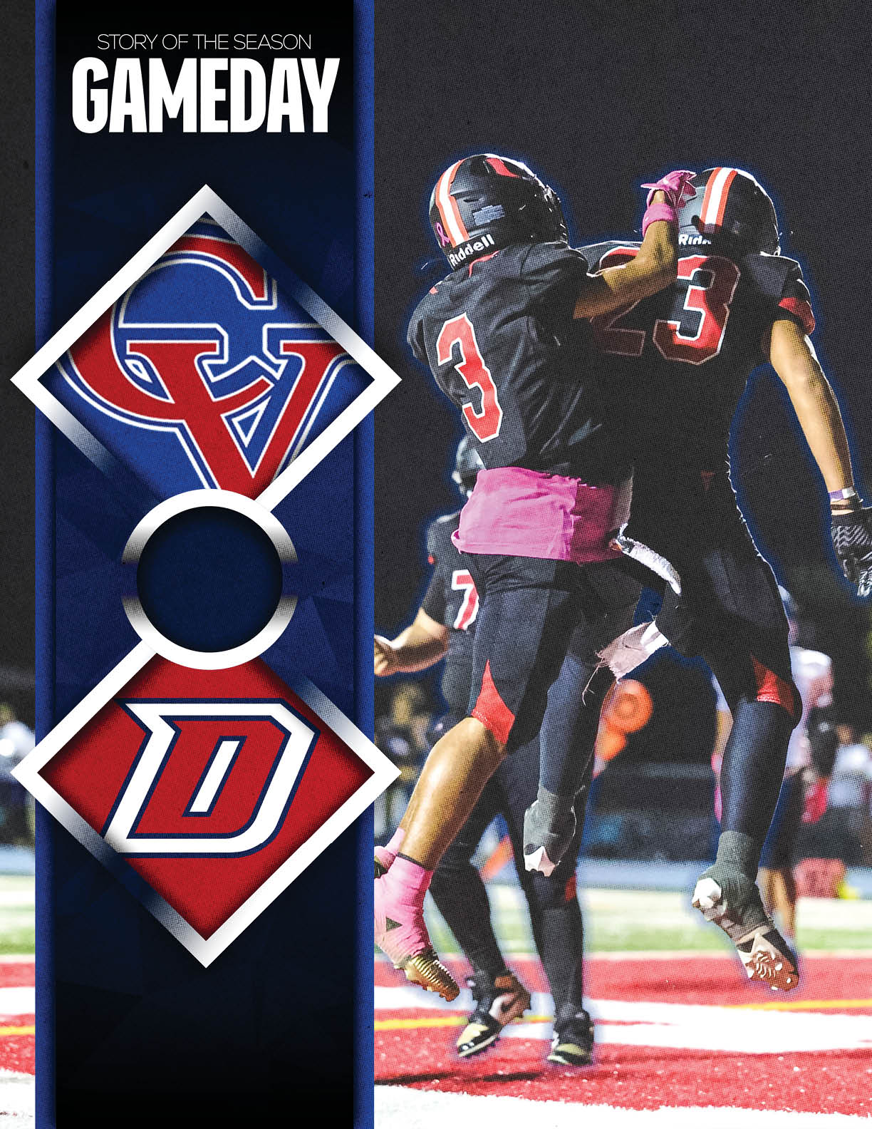 Two football players in black uniforms with red and white accents jump and celebrate on a field under stadium lights with a vertical banner reading “GAMEDAY" and featuring the letters "GV" and "D" in a diamond pattern. Description generated by AI