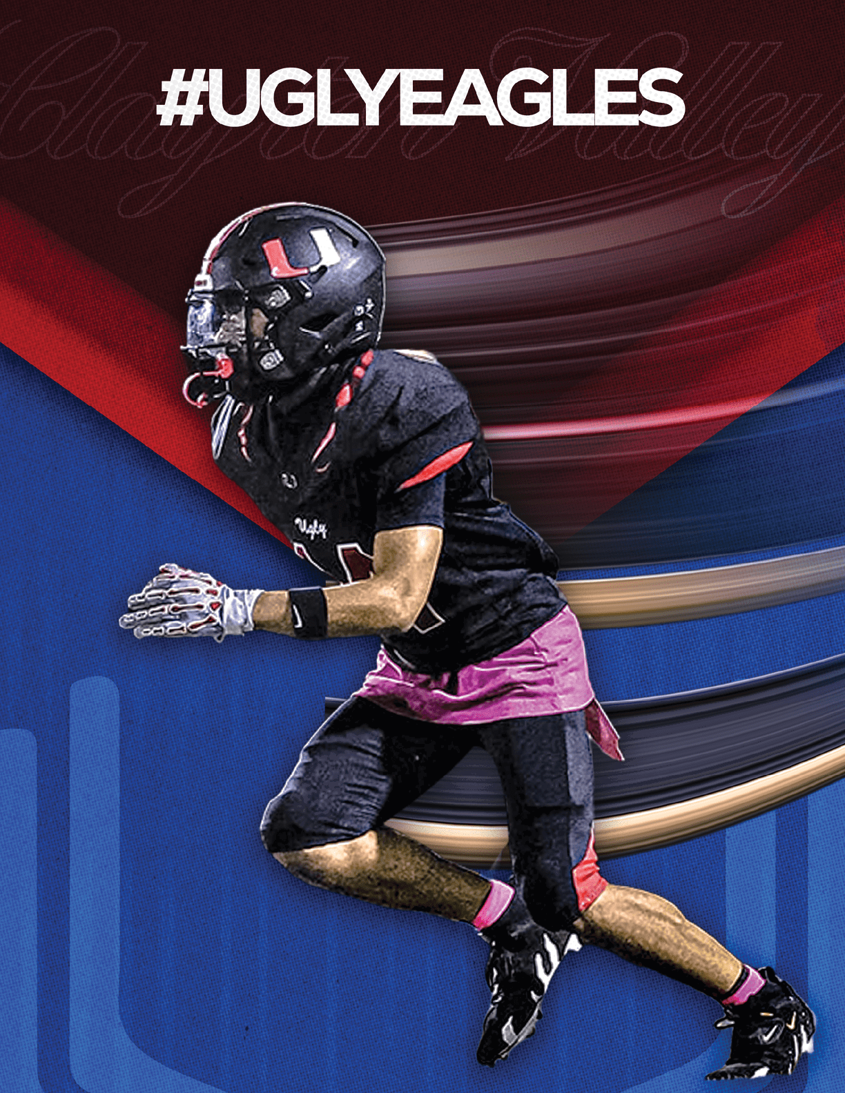 A person in a black football uniform with pink accents is running with motion blur effects behind them and the hashtag #UGLYEAGLES above. Description generated by AI