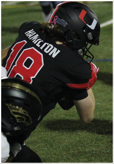 A football player wearing a blue and red jersey. Description generated by AI
