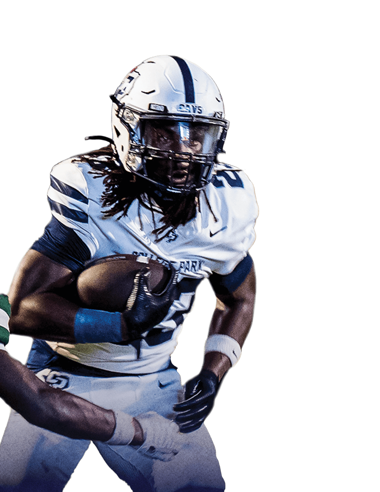 A person wearing a white and blue football uniform is running with a football while being pursued by another player. Descripci n generada con IA