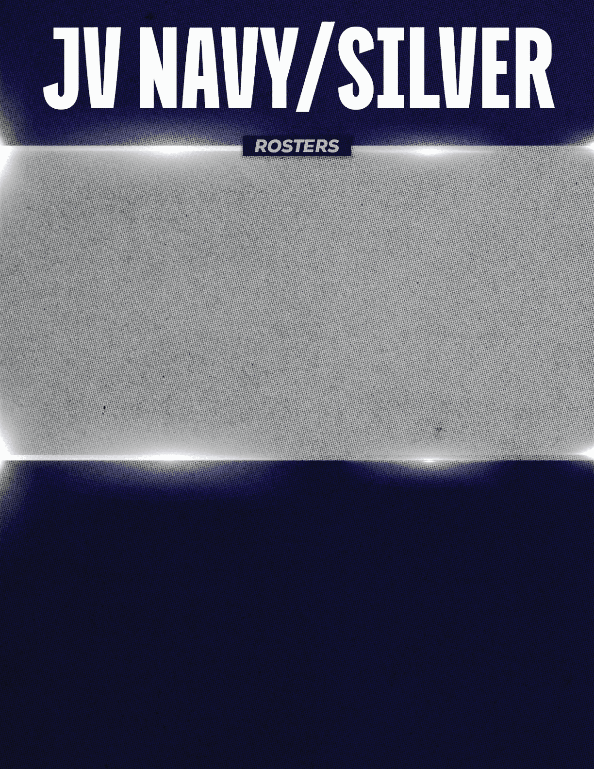 The image features bold white text reading JV NAVY/SILVER on a dark blue background with a small label below that says ROSTERS. Descripci n generada con IA