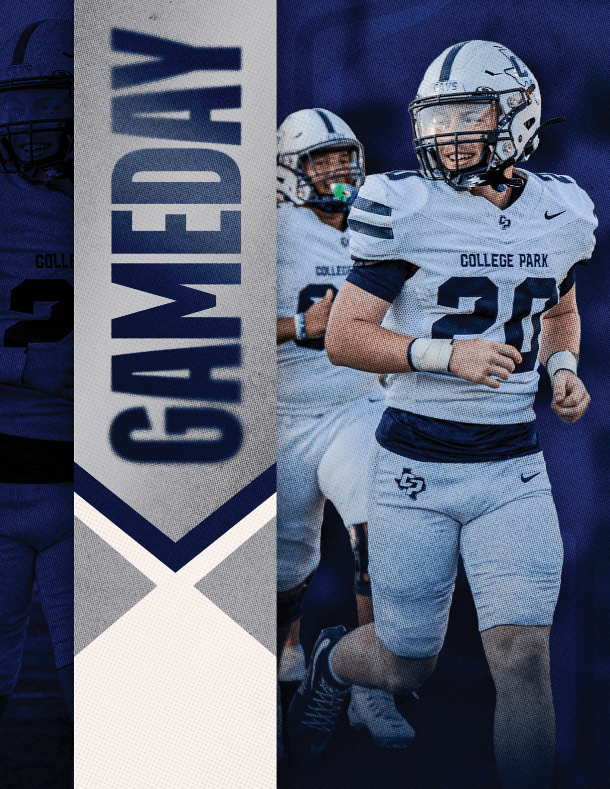 Two people in white football uniforms with helmets are running on a field next to a vertical banner that says gameday. Descripci n generada con IA