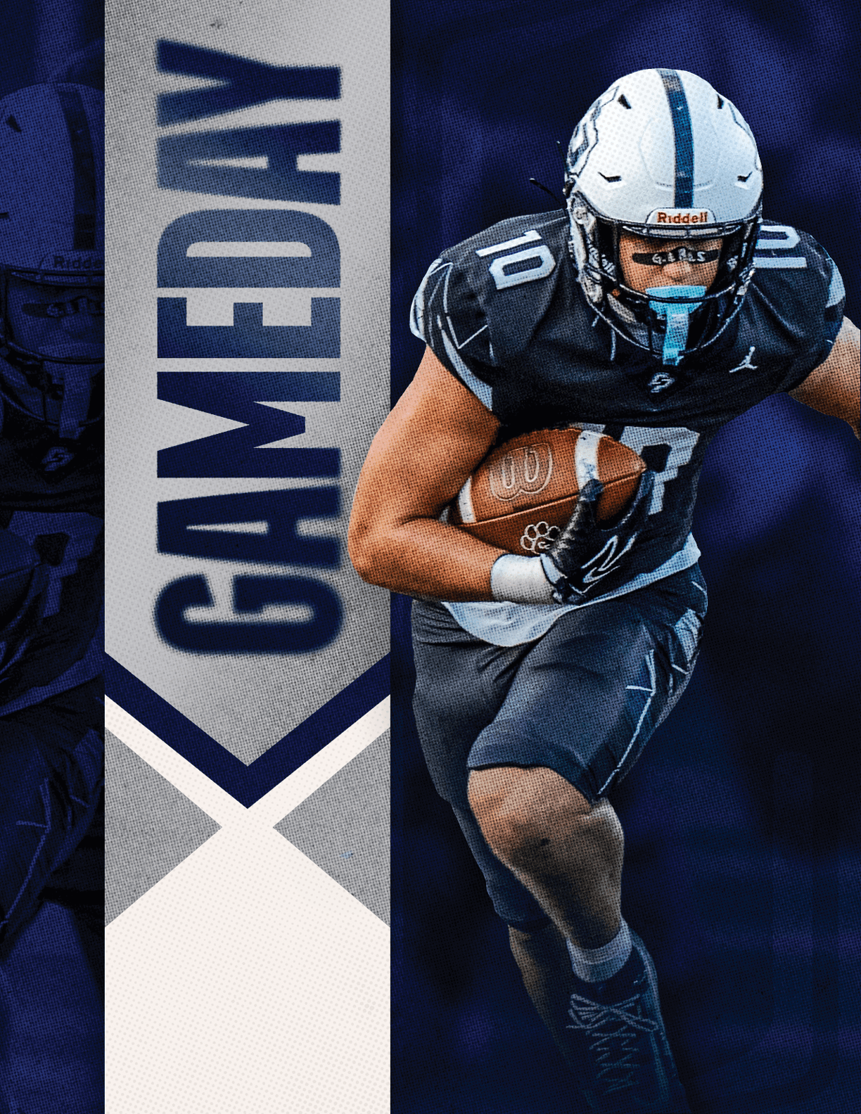 A person wearing a football uniform and helmet is running while holding a football with a graphic banner next to them that reads “GAMEDAY." Descripci n generada con IA