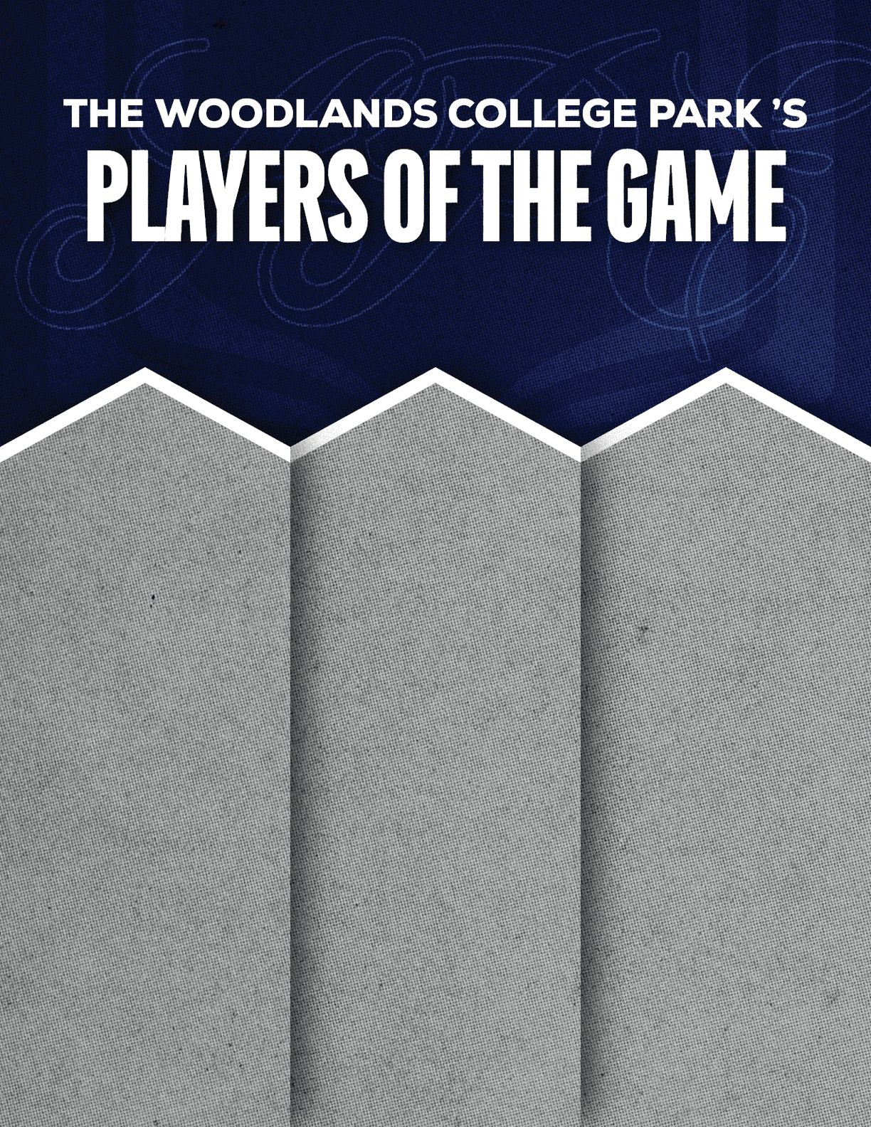 The Woodlands College Park's Players of the Game text is displayed in bold white letters on a dark blue and gray textured background. Descripci n generada con IA