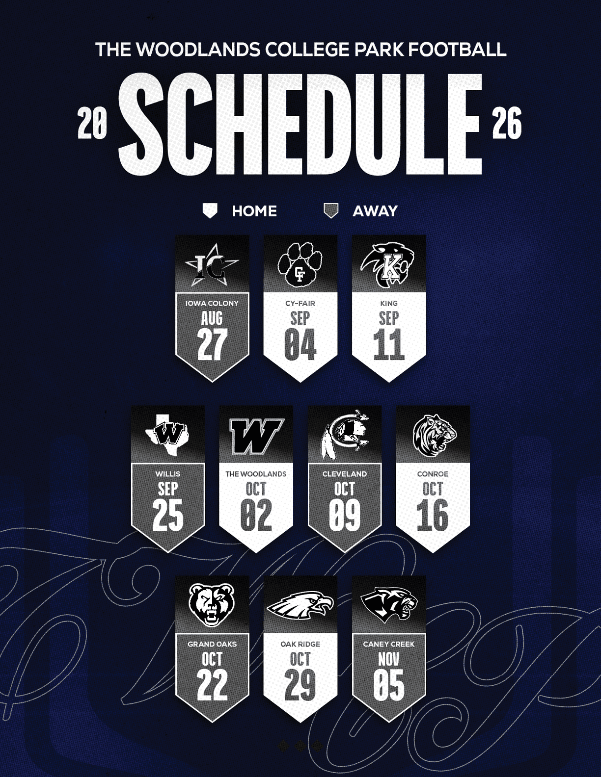 The Woodlands College Park Football 2026 schedule displays home and away games with team logos and dates in a dark blue and white design. Descripci n generada con IA