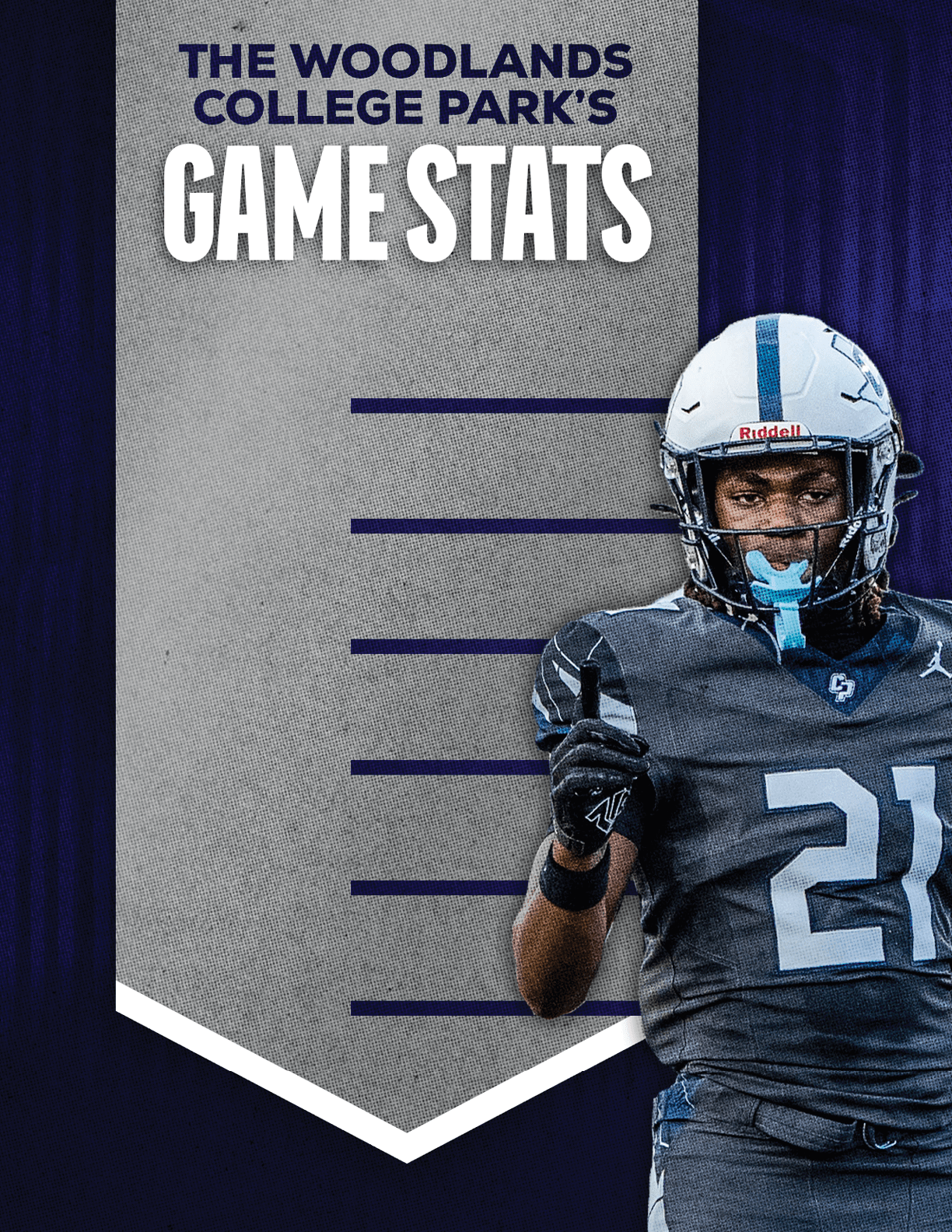A person in a football uniform and helmet stands next to a banner displaying “The Woodlands College Park's Game Stats" with empty lines for statistics. Descripci n generada con IA