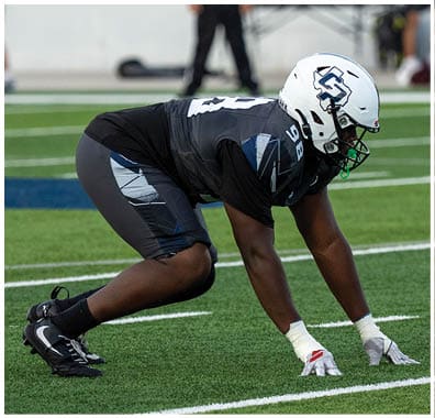 A person wearing a football uniform and helmet is crouched in a ready position on a green field with white yard lines. Descripci n generada con IA