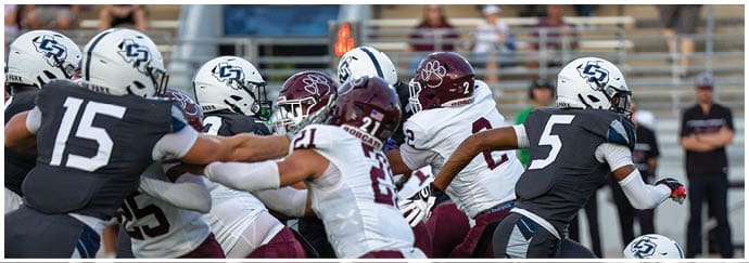People wearing football uniforms are engaged in a play on a field with one person running while others attempt to block or tackle. Descripci n generada con IA