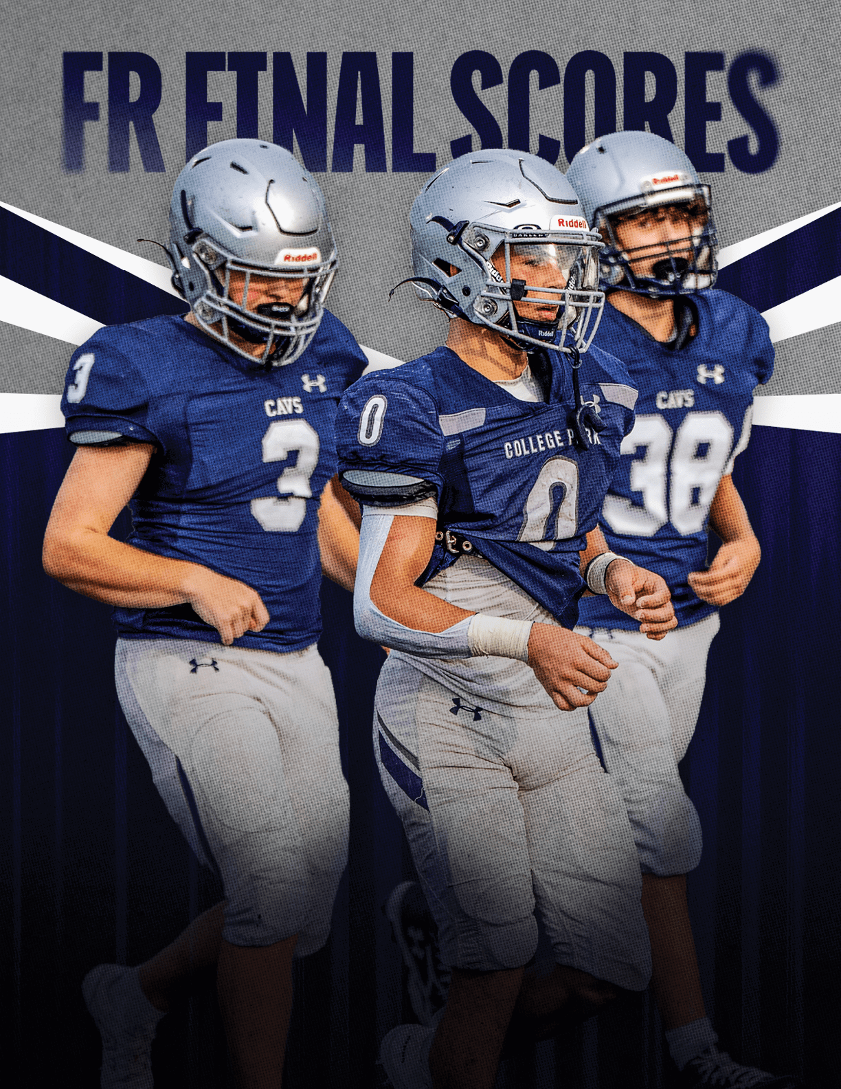Three people wearing blue football uniforms and helmets are standing together in front of a background with the text “FINAL SCORES." Descripci n generada con IA