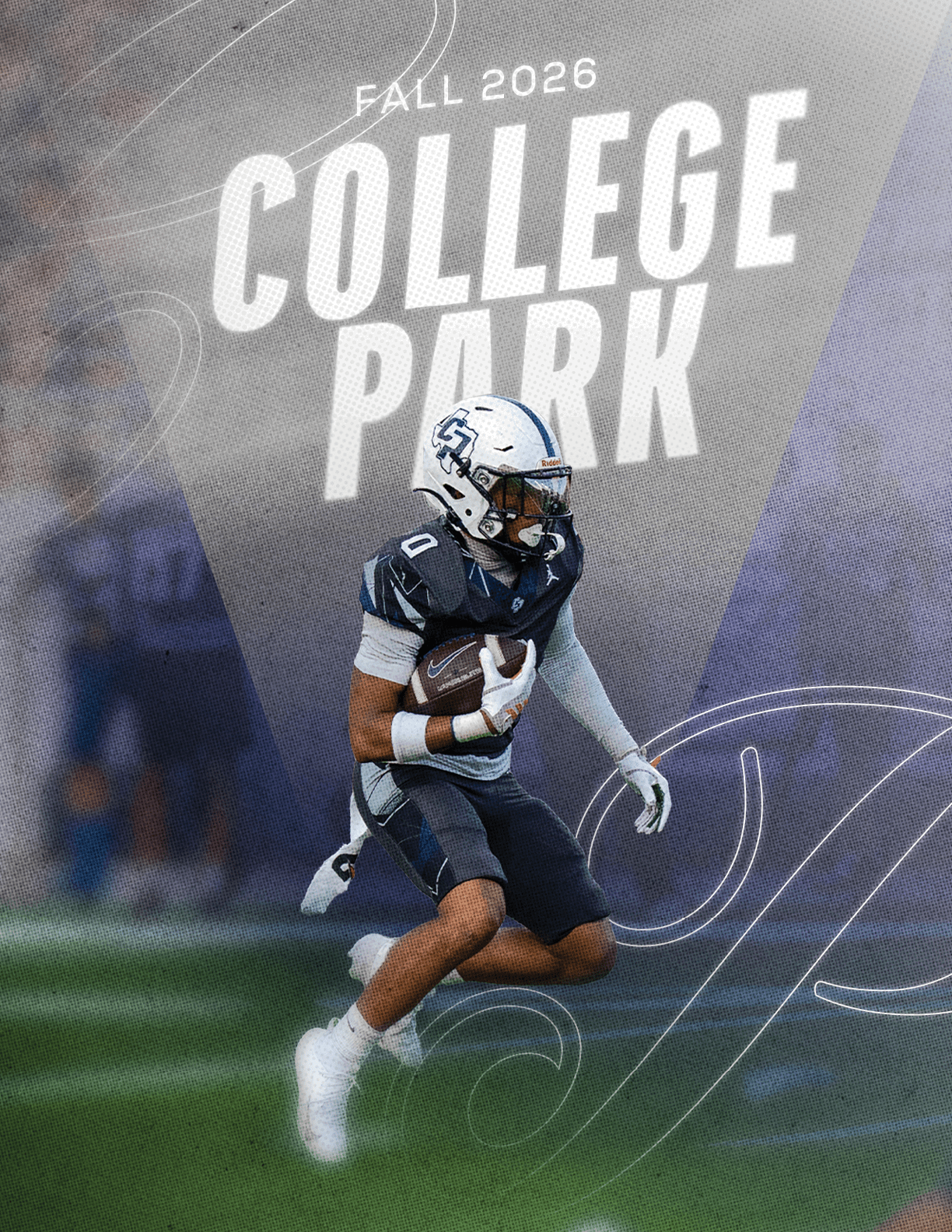 A person in a football uniform is running on a field holding a football with the text “Fall 2026 College Park" displayed above. Descripci n generada con IA