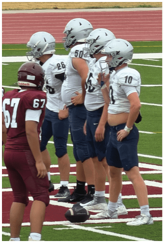 Several people wearing white football helmets and uniforms stand in a line on a green football field near a football placed on the ground. Descripci n generada con IA