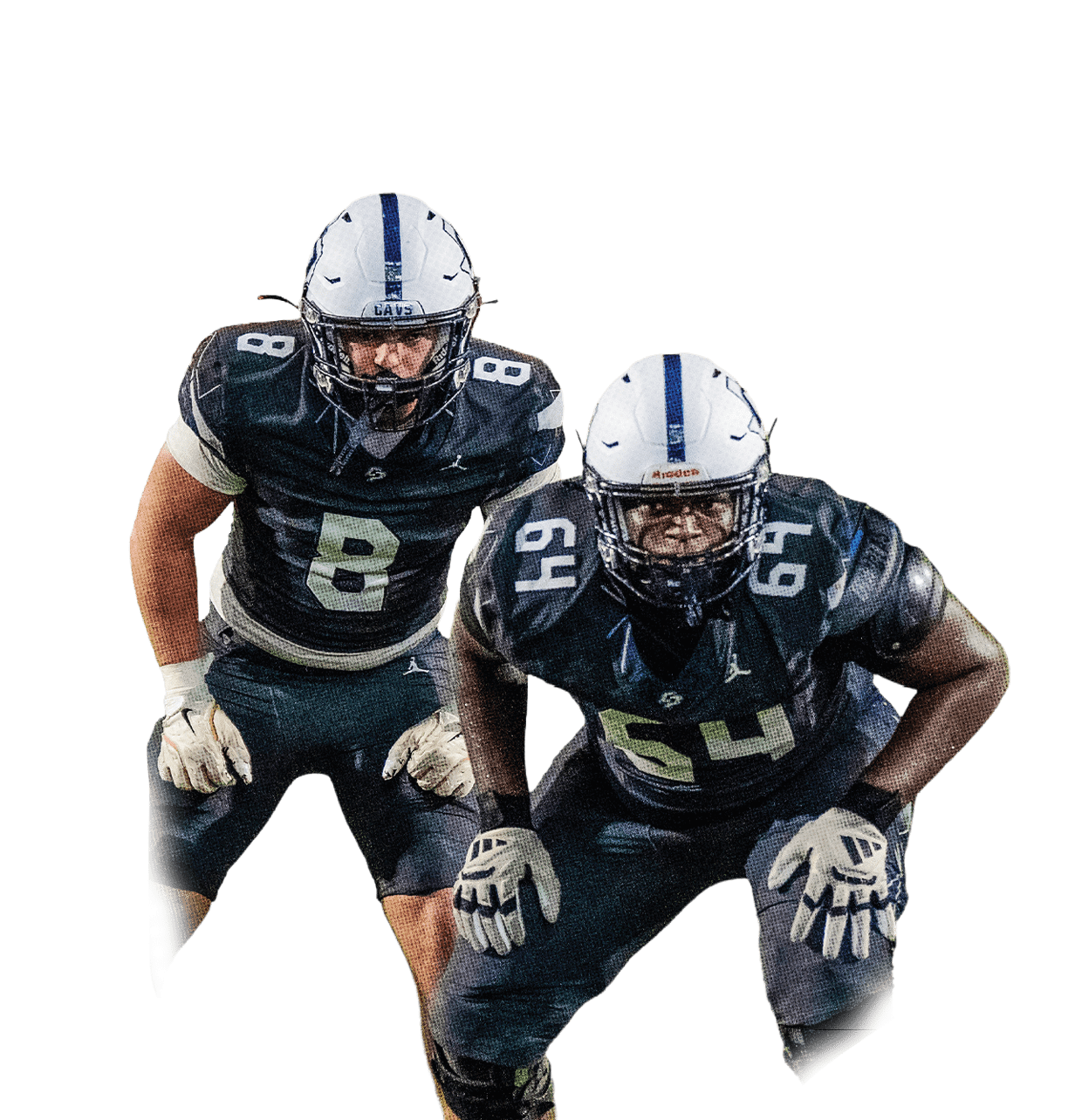 Two football players in dark uniforms and white helmets are crouched on a field with the text “College Park's Story of the Season" above them. Descripci n generada con IA