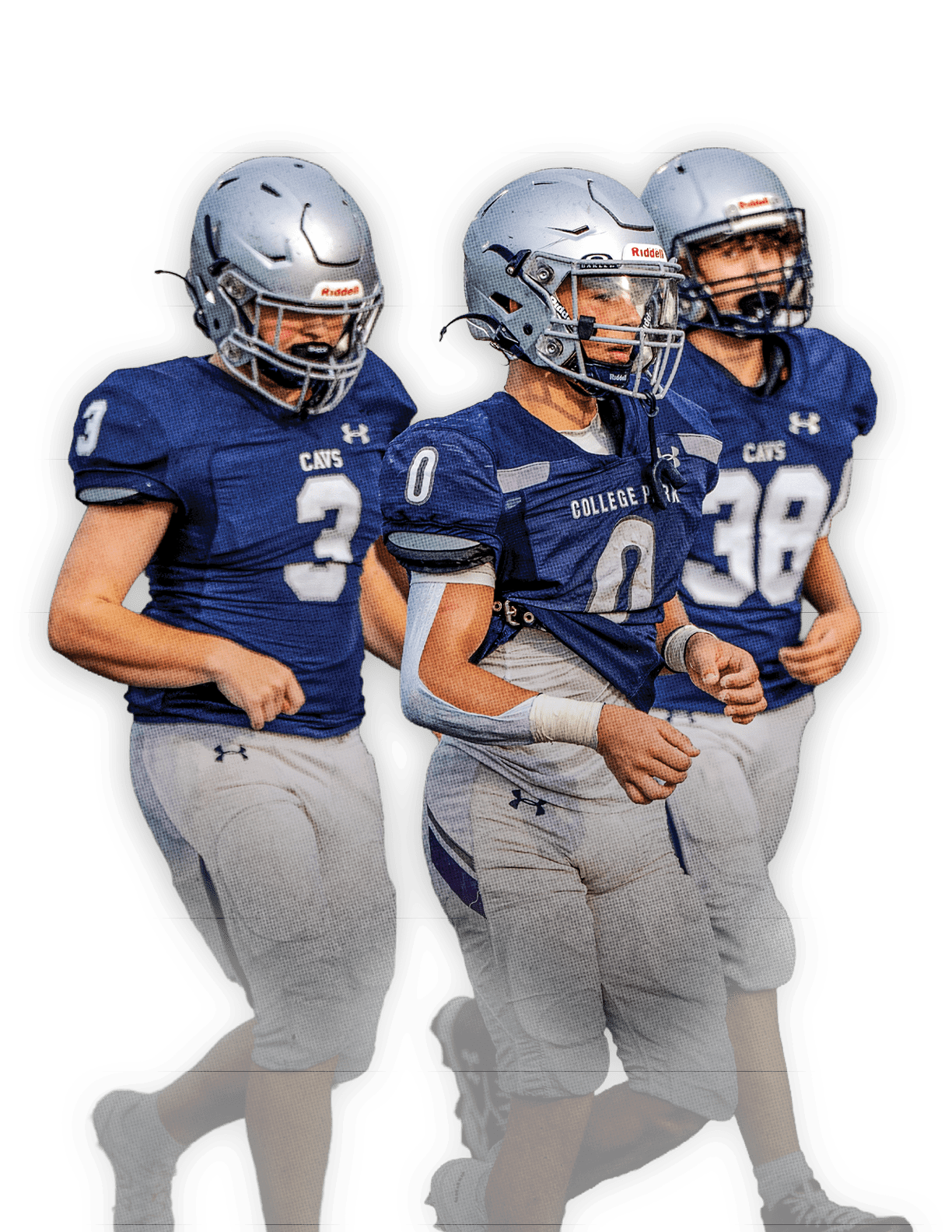 Three people wearing blue football uniforms and silver helmets are running together on a black background. Descripci n generada con IA