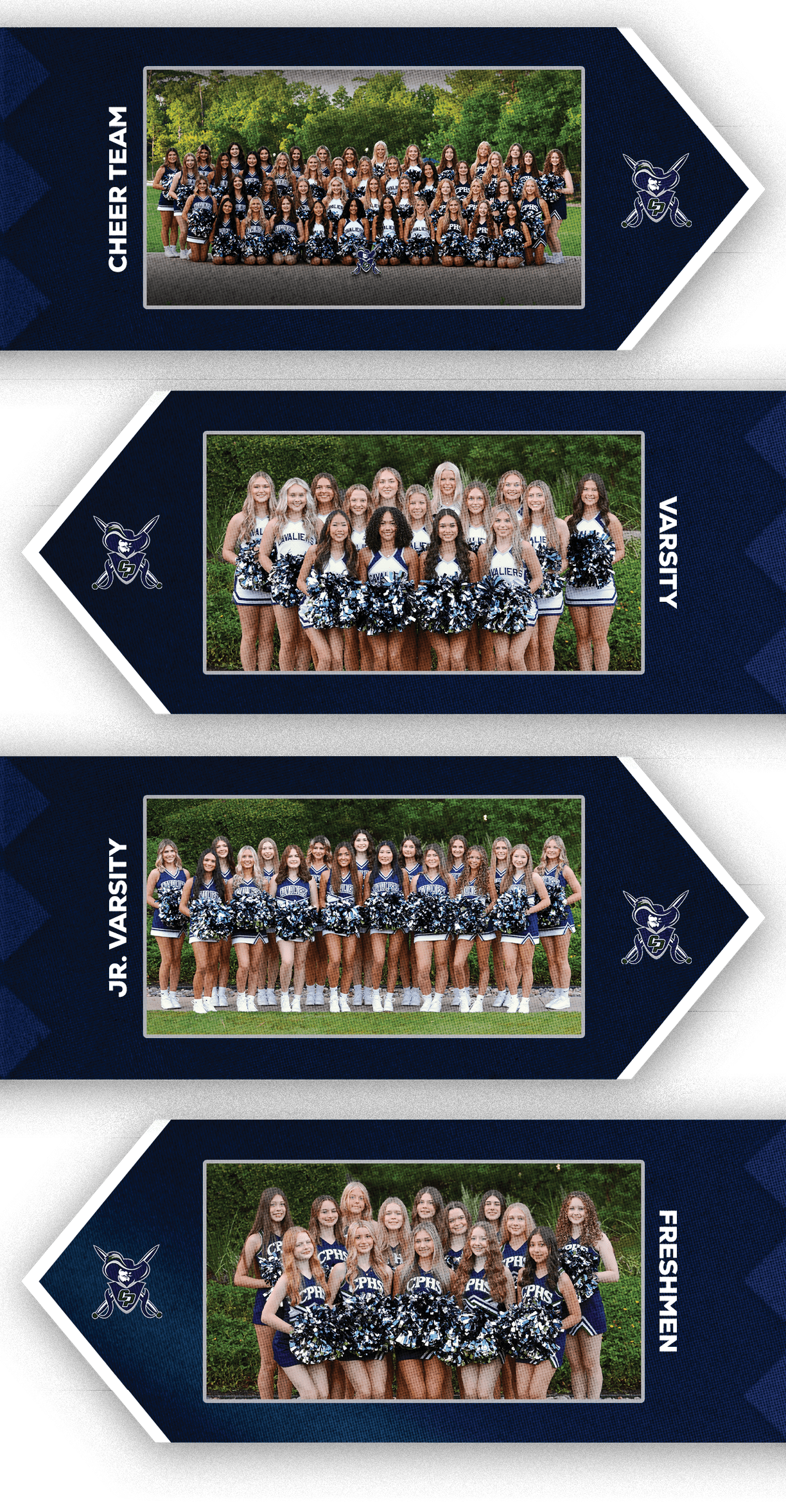 Four group photos of cheer teams labeled as Cheer Team, Varsity, JV Varsity, and Freshmen, with people dressed in matching cheerleading uniforms holding pom-poms and posing outdoors. Descripci n generada con IA