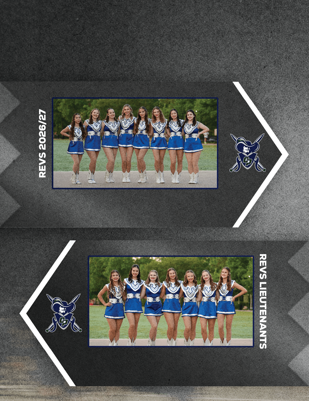 Two groups of people wearing matching blue and white cheerleading uniforms pose outdoors on a paved surface with grass in the background, labeled as REVS 2021/22 and REVS LIEUTENANTS. Descripci n generada con IA