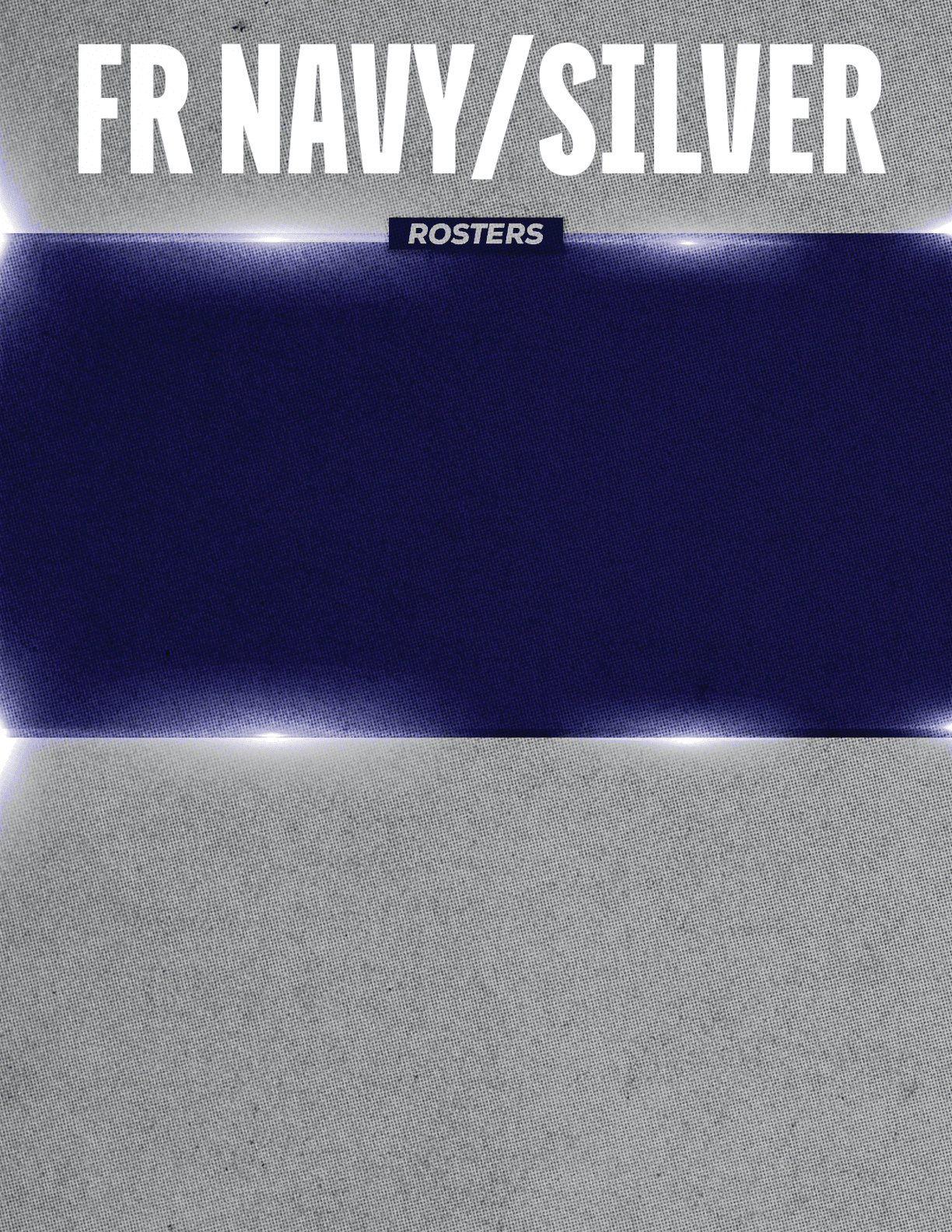 A graphic design featuring a navy blue and silver color block with the text “FR NAVY/SILVER" and a small label reading "ROSTERS" in a bold, textured font. Descripci n generada con IA