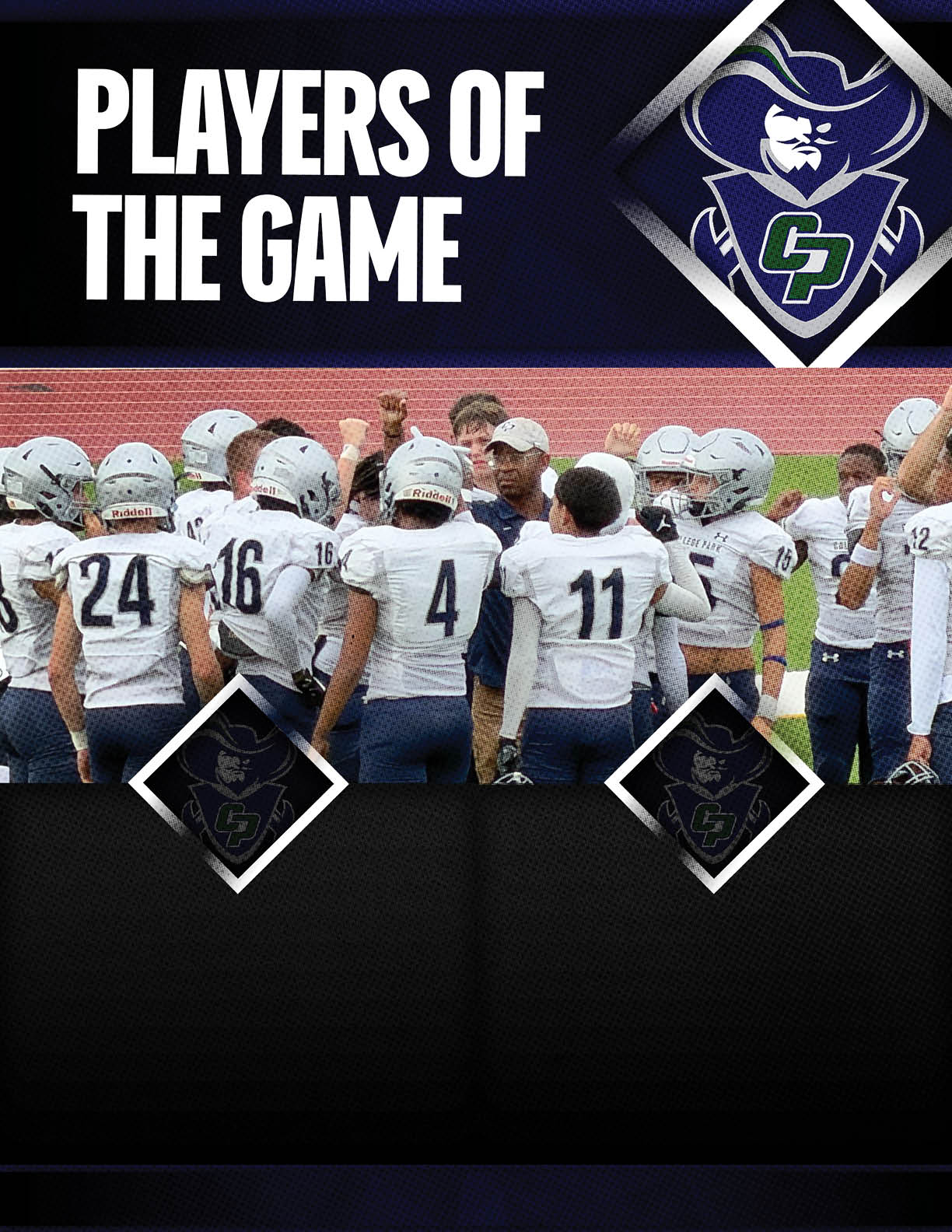 Two men wearing football uniforms. Description generated by AI