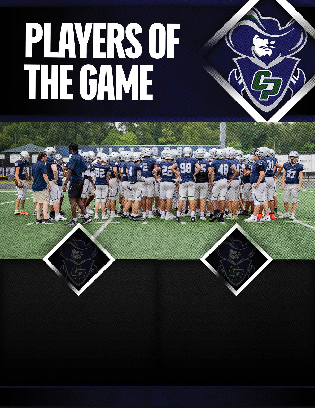 Two men wearing football uniforms. Description generated by AI