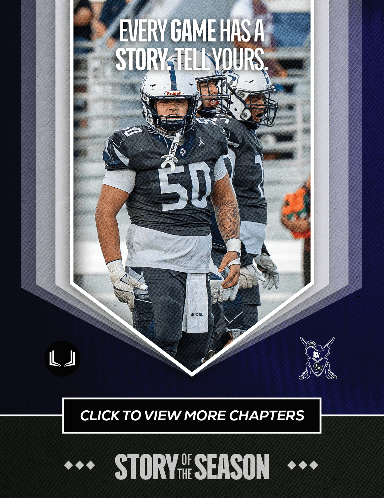 A group of people in green and white sports uniforms are engaged in a football game on a field with the text “Every game has a story. Tell yours." above them and a prompt to click to view more chapters below. Descripci n generada con IA