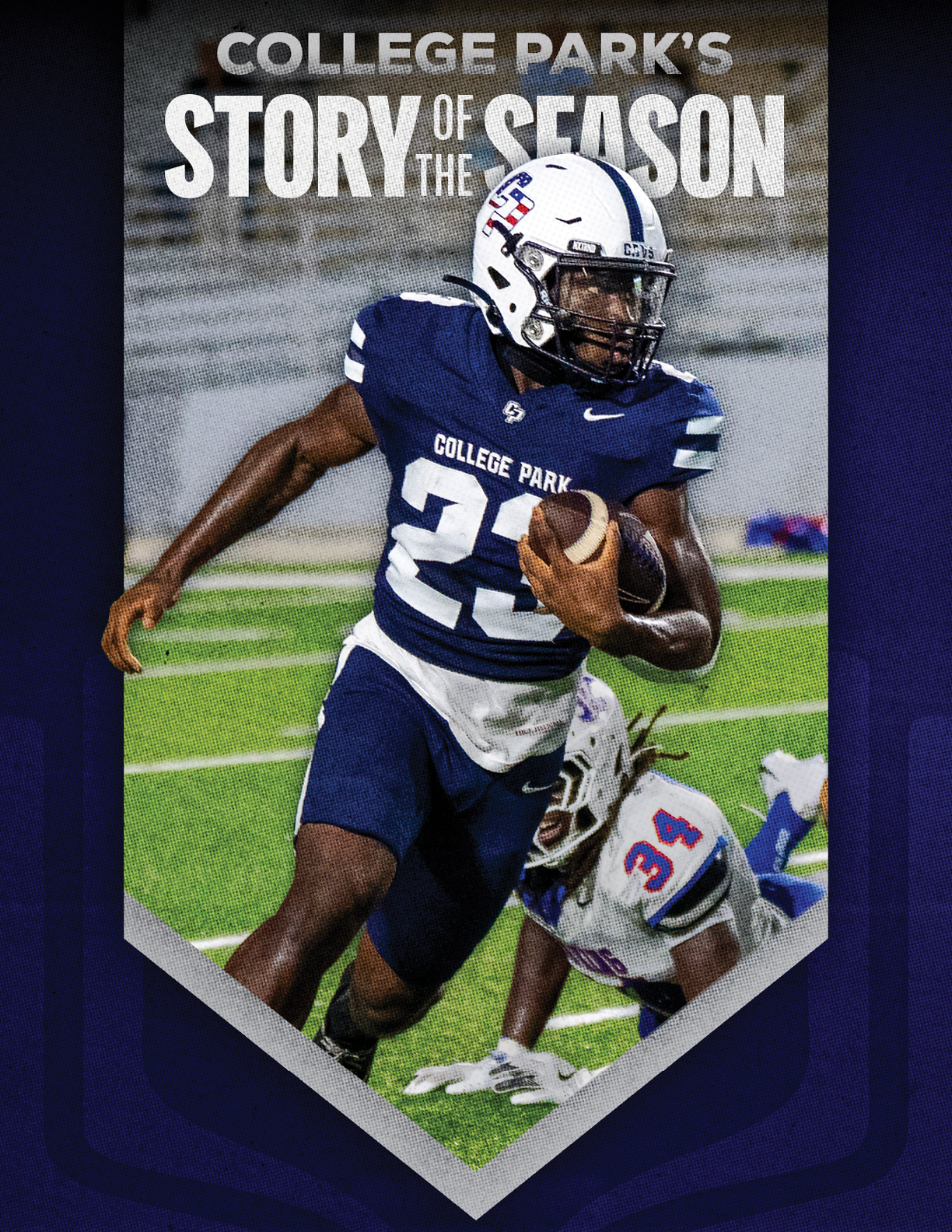 Two football players in dark uniforms and white helmets are crouched on a field with the text “College Park's Story of the Season" above them. Descripci n generada con IA