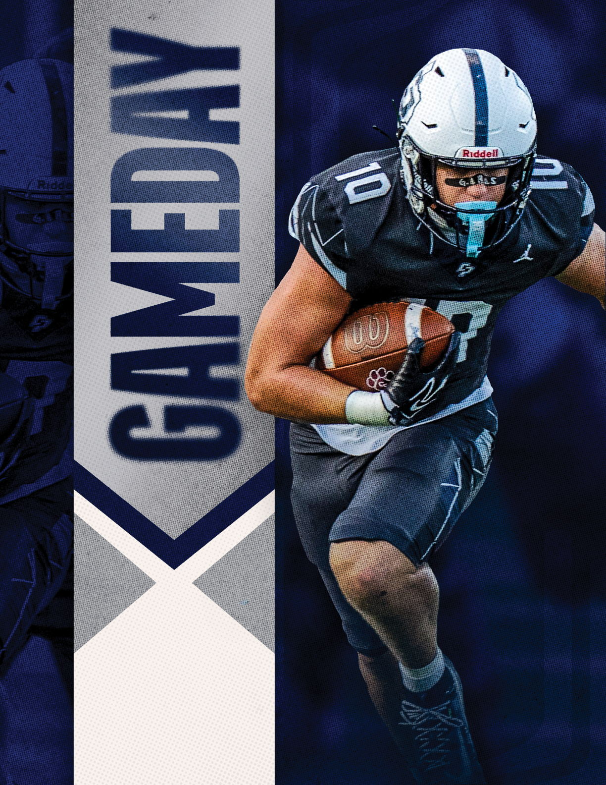 A person wearing a football uniform and helmet is running while holding a football with a graphic banner next to them that reads “GAMEDAY." Descripci n generada con IA