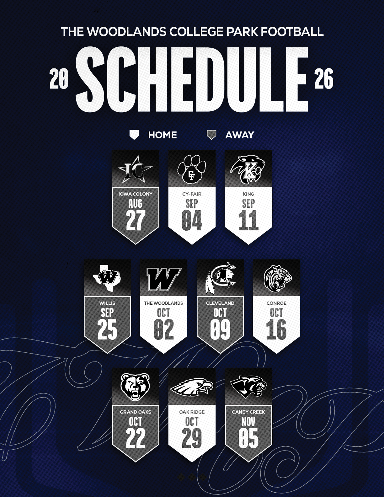 The Woodlands College Park Football 2026 schedule displays home and away games with team logos and dates in a dark blue and white design. Descripci n generada con IA