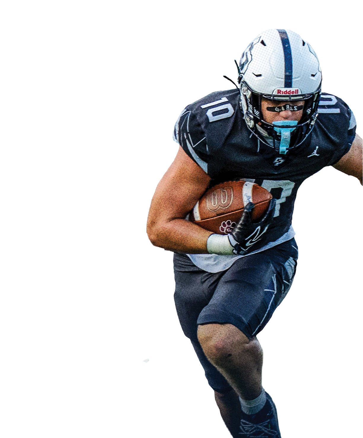 A person wearing a dark football uniform with the number 10 and a white helmet is running with a football while being pursued by opponents in maroon uniforms. Descripci n generada con IA