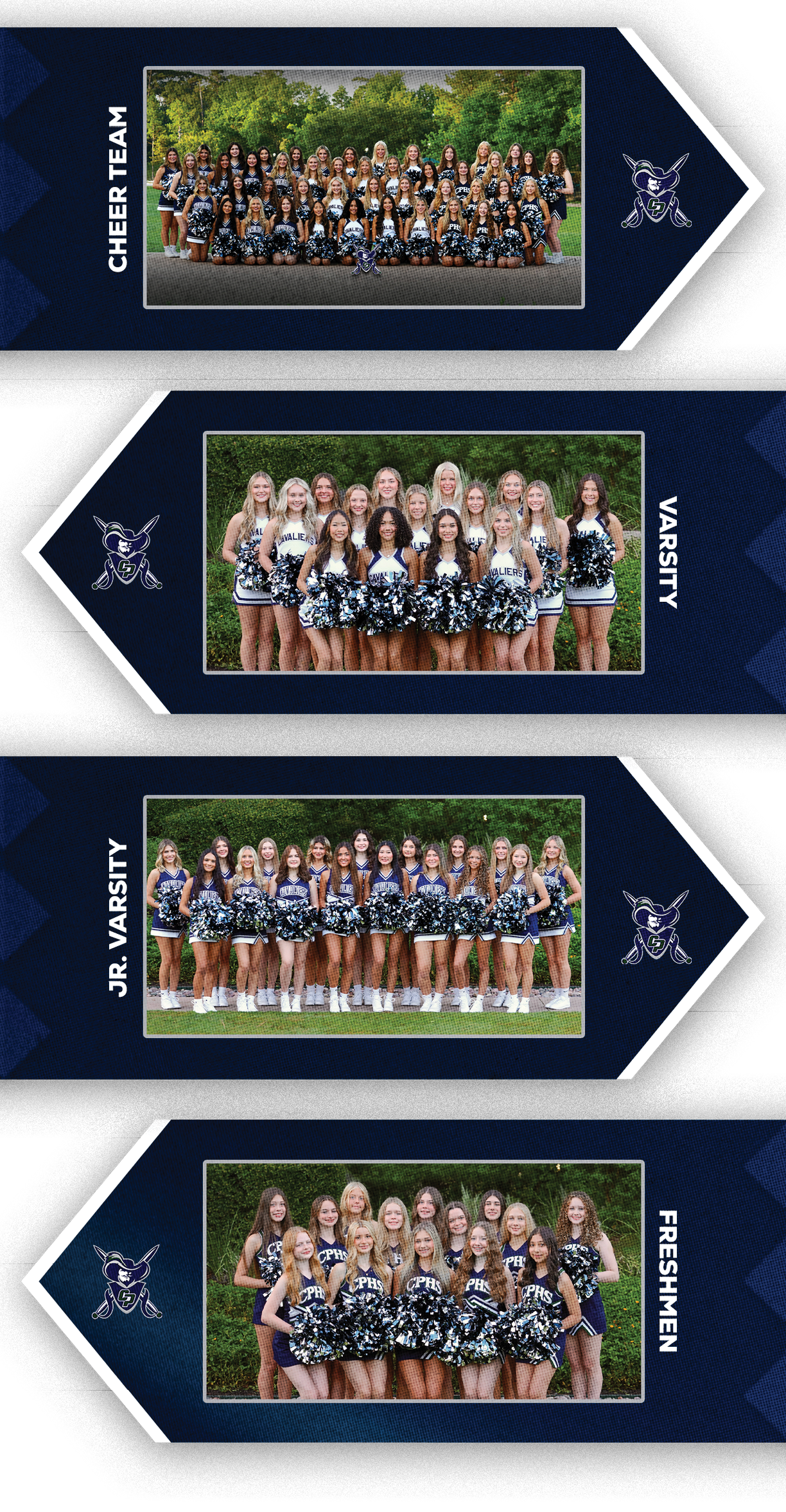 Four group photos of cheer teams labeled as Cheer Team, Varsity, JV Varsity, and Freshmen, with people dressed in matching cheerleading uniforms holding pom-poms and posing outdoors. Descripci n generada con IA