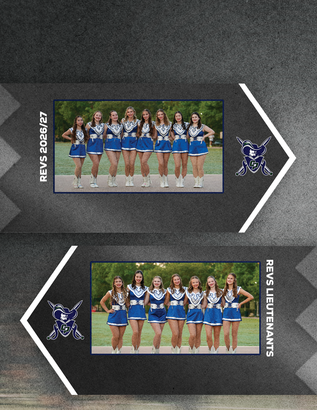 Two groups of people wearing matching blue and white cheerleading uniforms pose outdoors on a paved surface with grass in the background, labeled as REVS 2021/22 and REVS LIEUTENANTS. Descripci n generada con IA