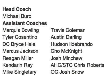 A list showing the head coach and assistant coaches for a sports team with names organized in two columns. Descripci n generada con IA