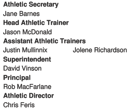 A list of athletic department staff roles and names including Athletic Secretary, Head Athletic Trainer, Assistant Athletic Trainers, Superintendent, Principal, and Athletic Director. Descripci n generada con IA
