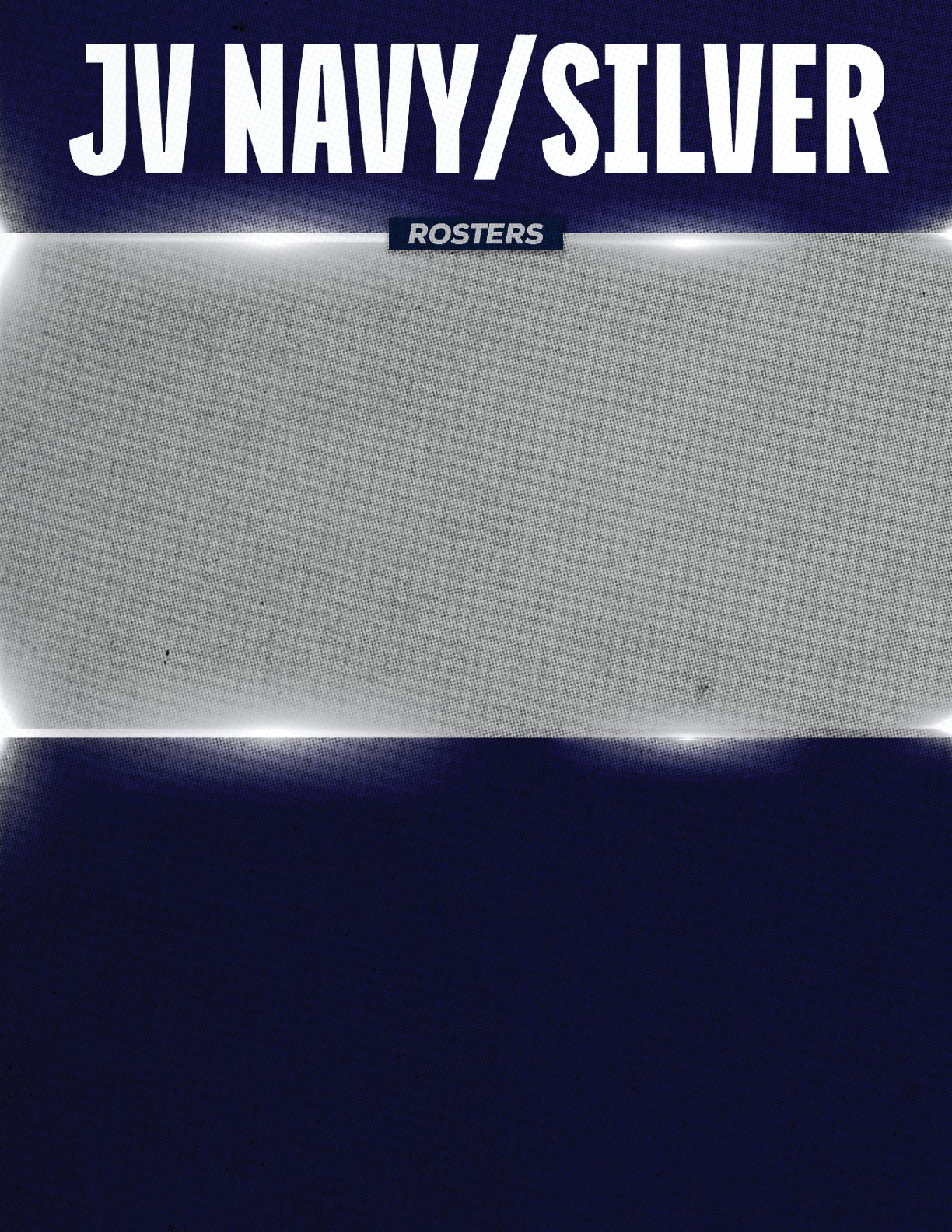 The image features bold white text reading JV NAVY/SILVER on a dark blue background with a small label below that says ROSTERS. Descripci n generada con IA