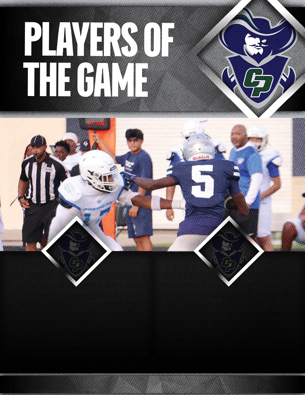 Two football players in helmets and uniforms are engaged in a play on the field with a referee and other people in the background, accompanied by text reading “Players of the Game" and a sports team logo. Descripci n generada con IA