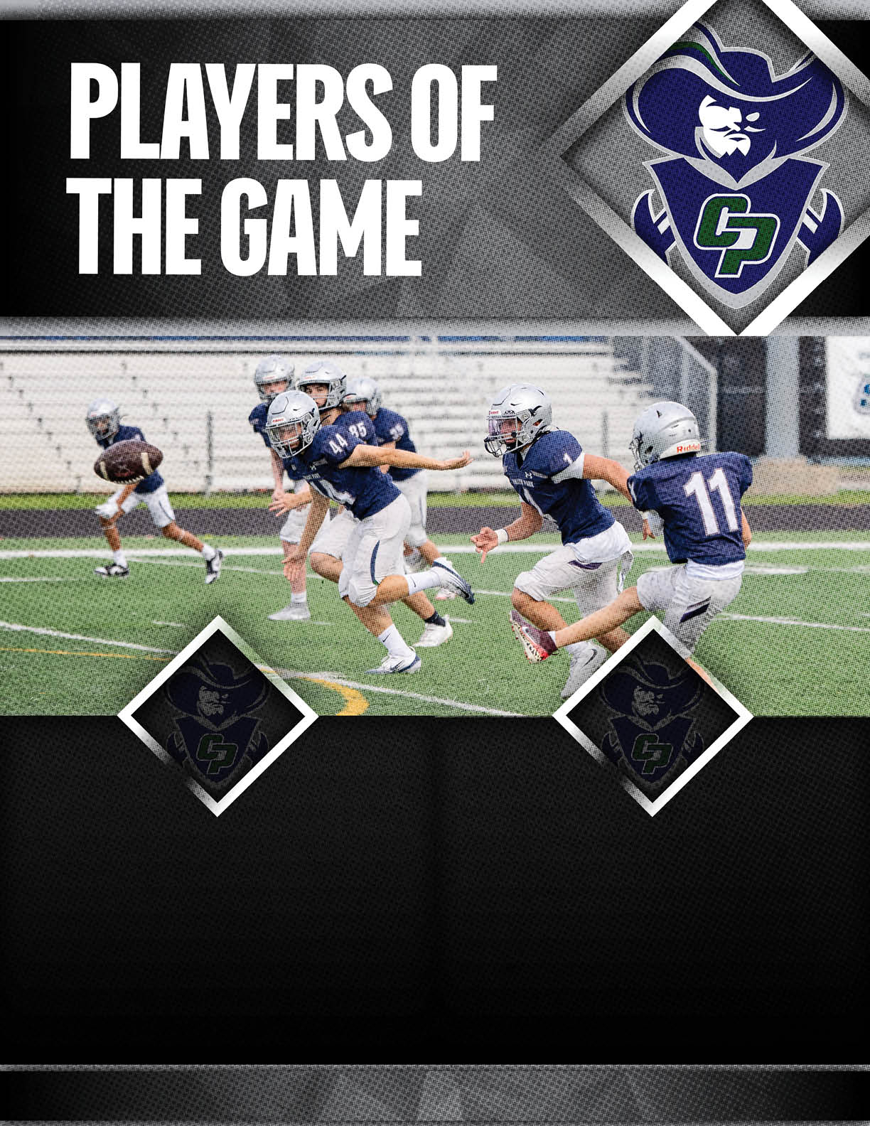 Two men wearing football uniforms. Description generated by AI