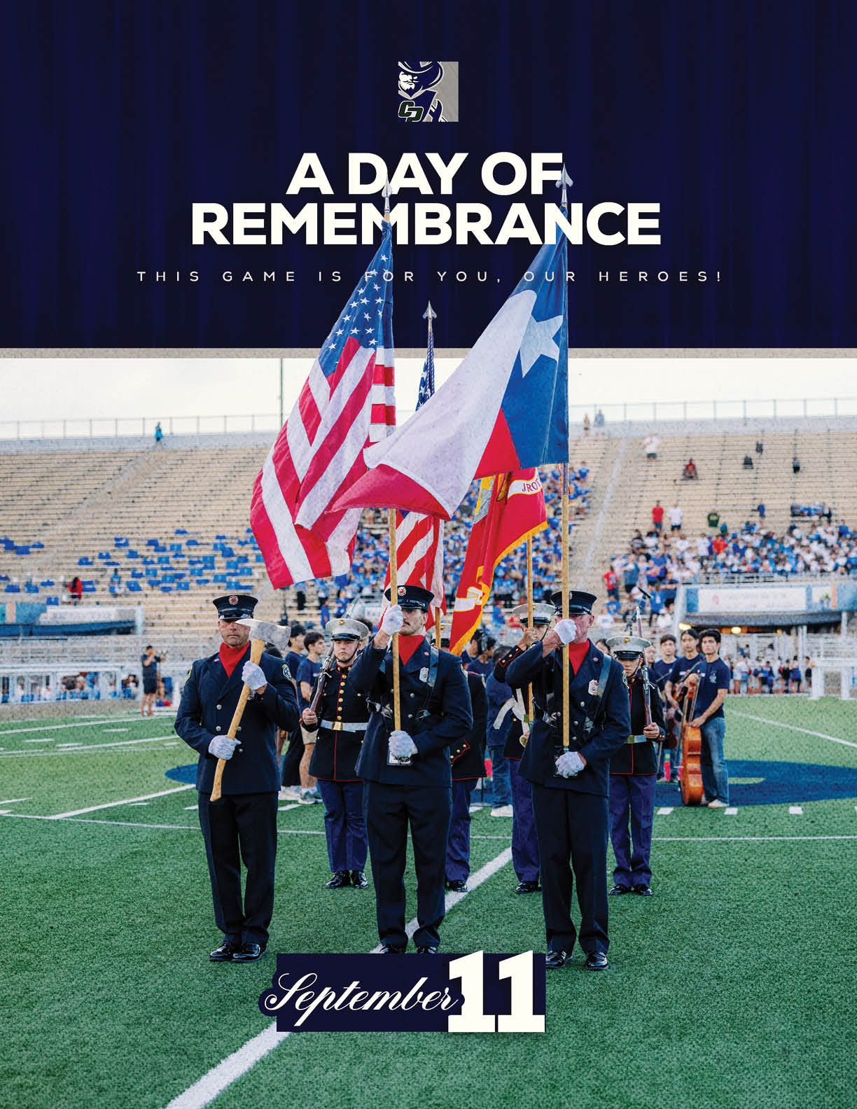 People in formal uniforms hold flags and stand on a sports field with a stadium and spectators in the background, accompanied by text commemorating a day of remembrance on September 11. Descripci n generada con IA