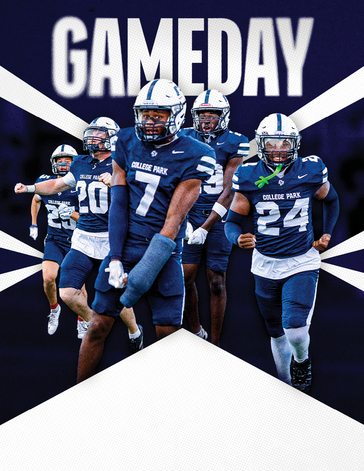Five adults in blue and white football uniforms are running forward on a dark background with the word GAMEDAY in large white letters above them. Descripci n generada con IA
