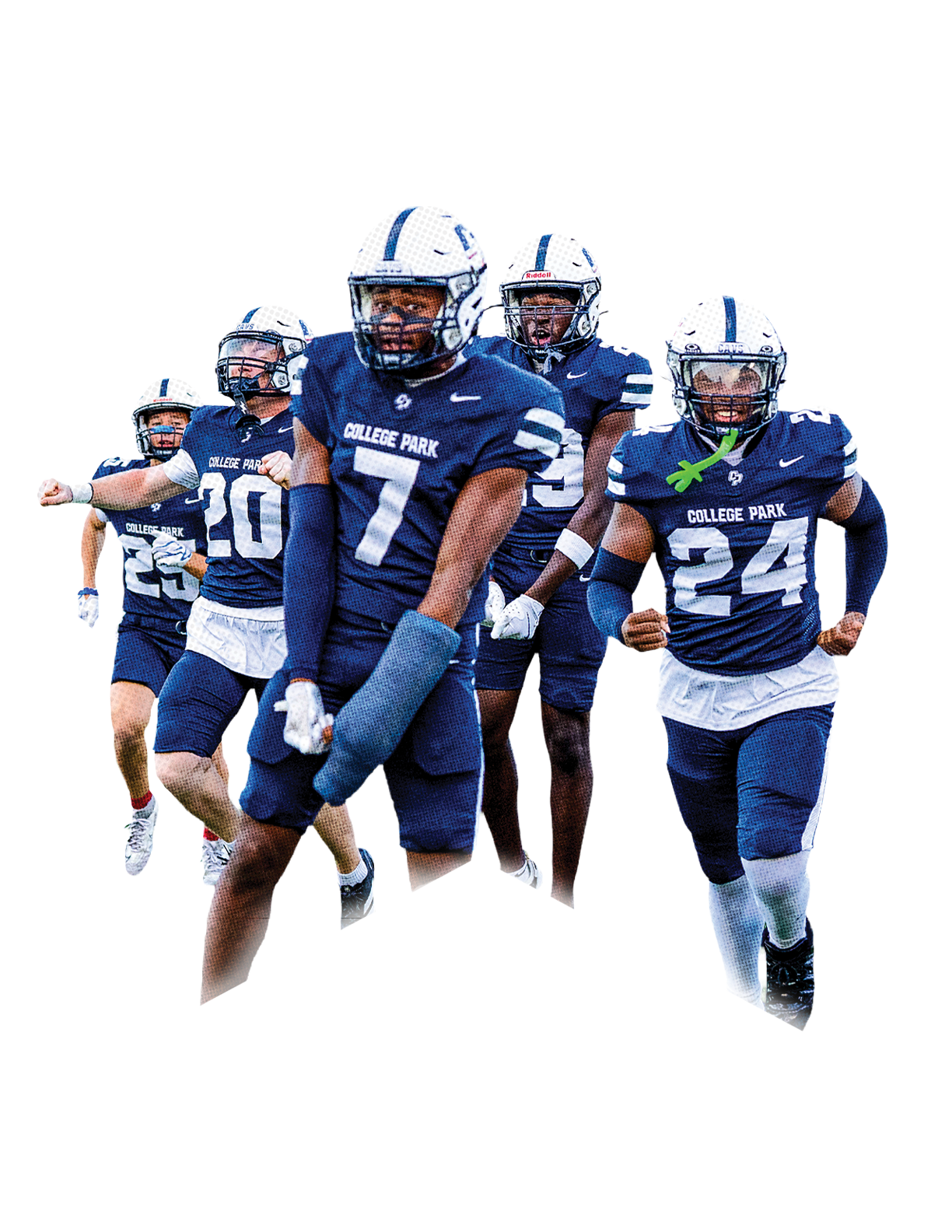 Five people in blue and white football uniforms are walking on a green field with a building in the background. Descripci n generada con IA