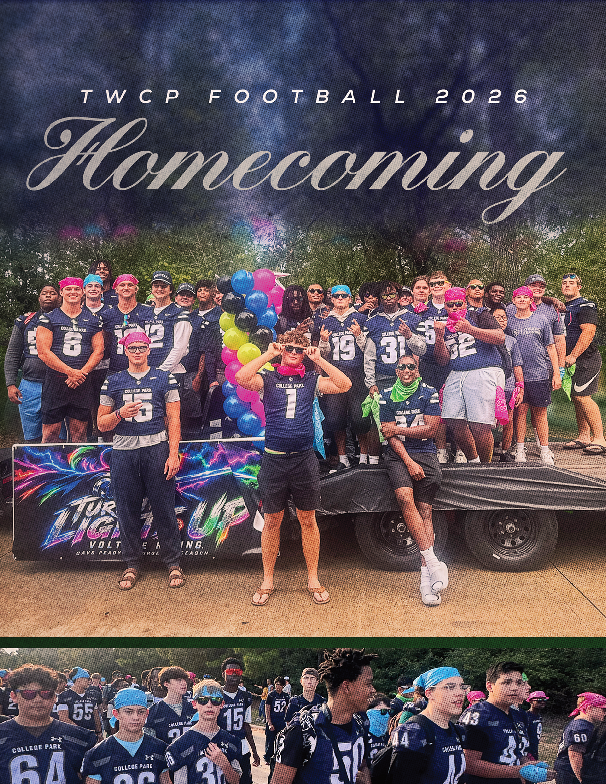A large group of people wearing football jerseys and casual clothing pose together outdoors around a decorated float with balloons and a sign that reads TWCP Football 2026 Homecoming. Descripci n generada con IA