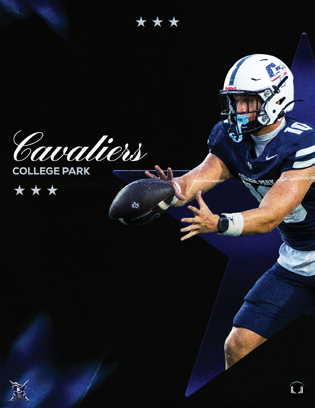 A football player wearing a blue and white uniform. Description generated by AI