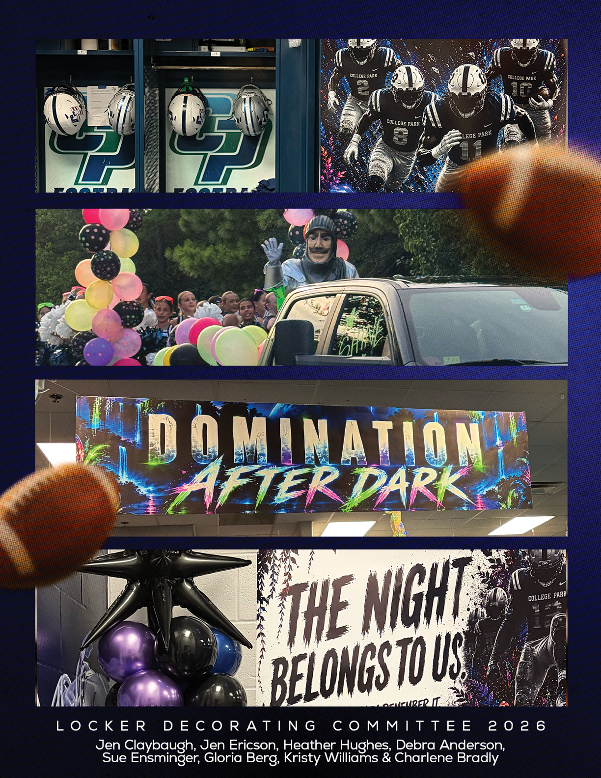 A collage of images showing football helmets, players in action, a parade float with balloons and a person waving, a banner reading “Domination After Dark," and a sign stating "The Night Belongs to Us" with decorative balloons. Descripci n generada con IA