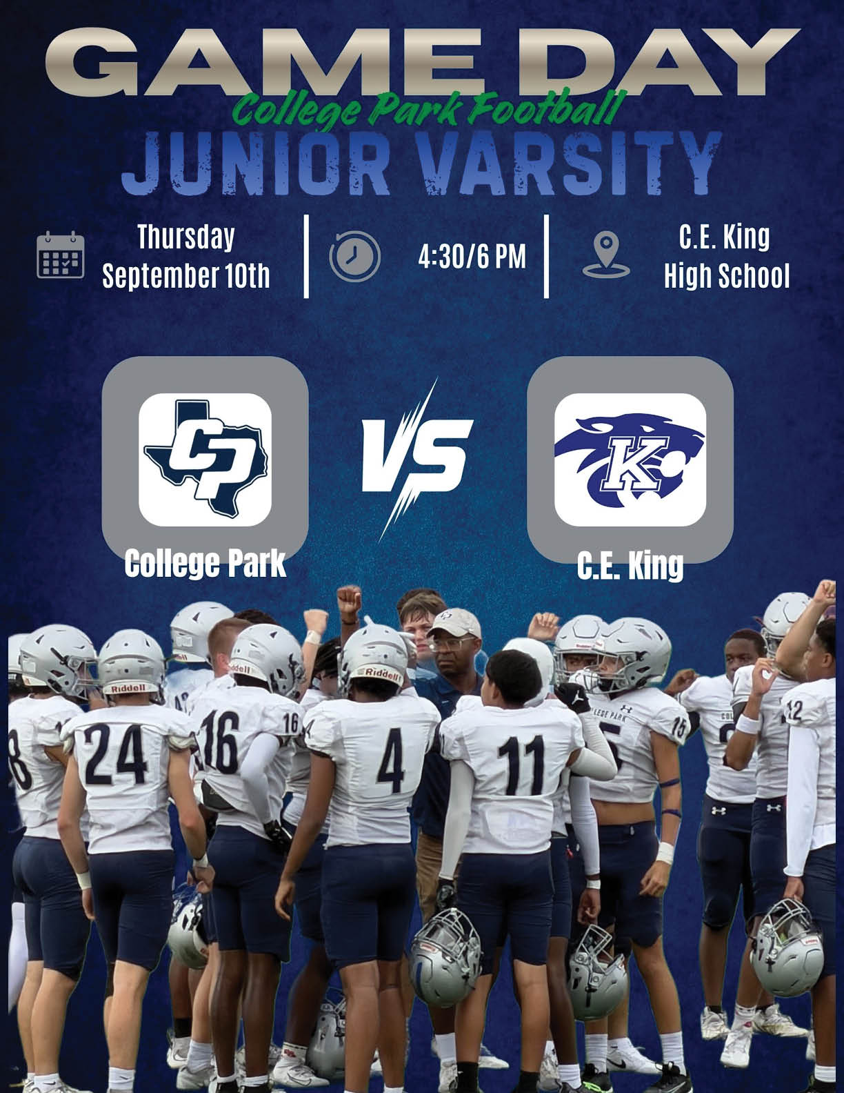 A group of football players in white and navy uniforms huddle on a field under a graphic announcing a junior varsity game between College Park and C.E. King at C.E. King High School on September 10th. Descripci n generada con IA