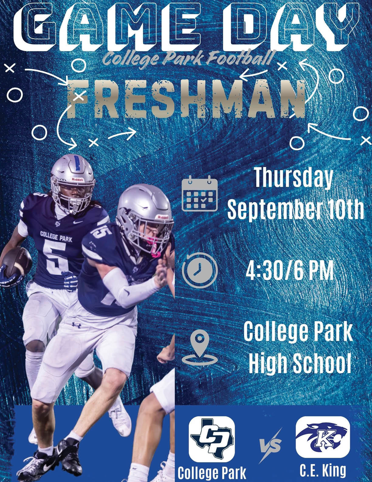 Two people in football uniforms running on a field with text announcing a College Park Football freshman game day event on Thursday, September 10th at College Park High School against C.E. King. Descripci n generada con IA