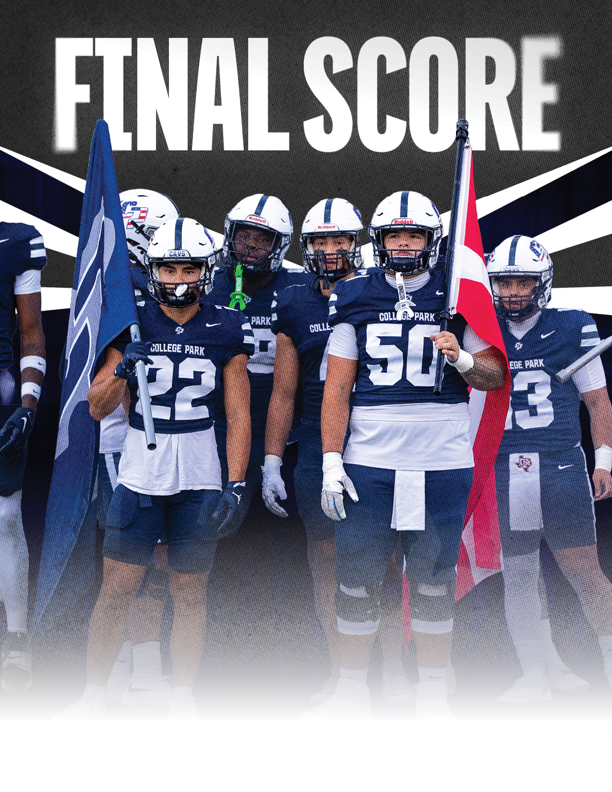 A group of football players in navy and white uniforms stand together holding flags with the words “FINAL SCORE" displayed above them. Descripci n generada con IA