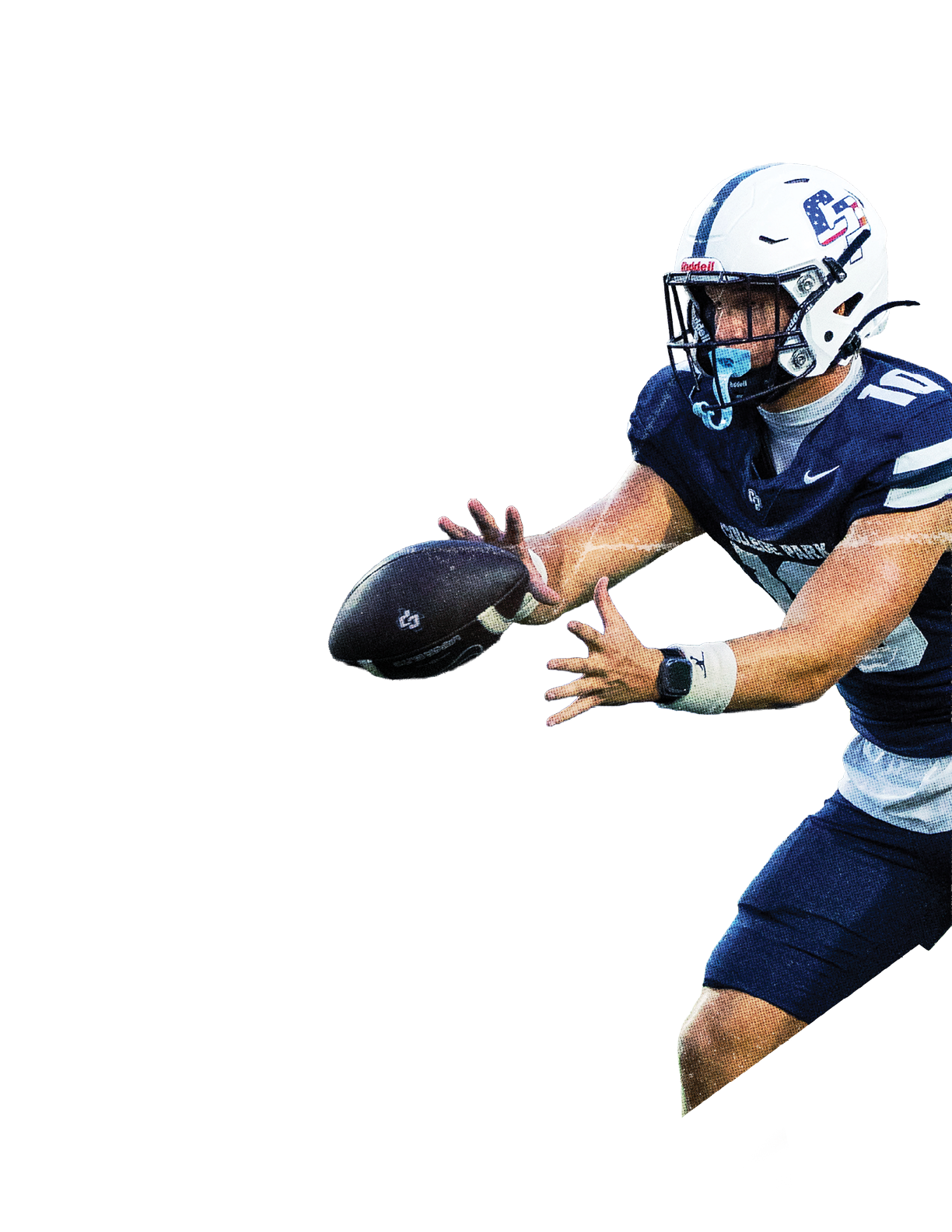 A person wearing a blue and white football uniform and helmet is reaching out to catch a football on a grassy field. Descripci n generada con IA
