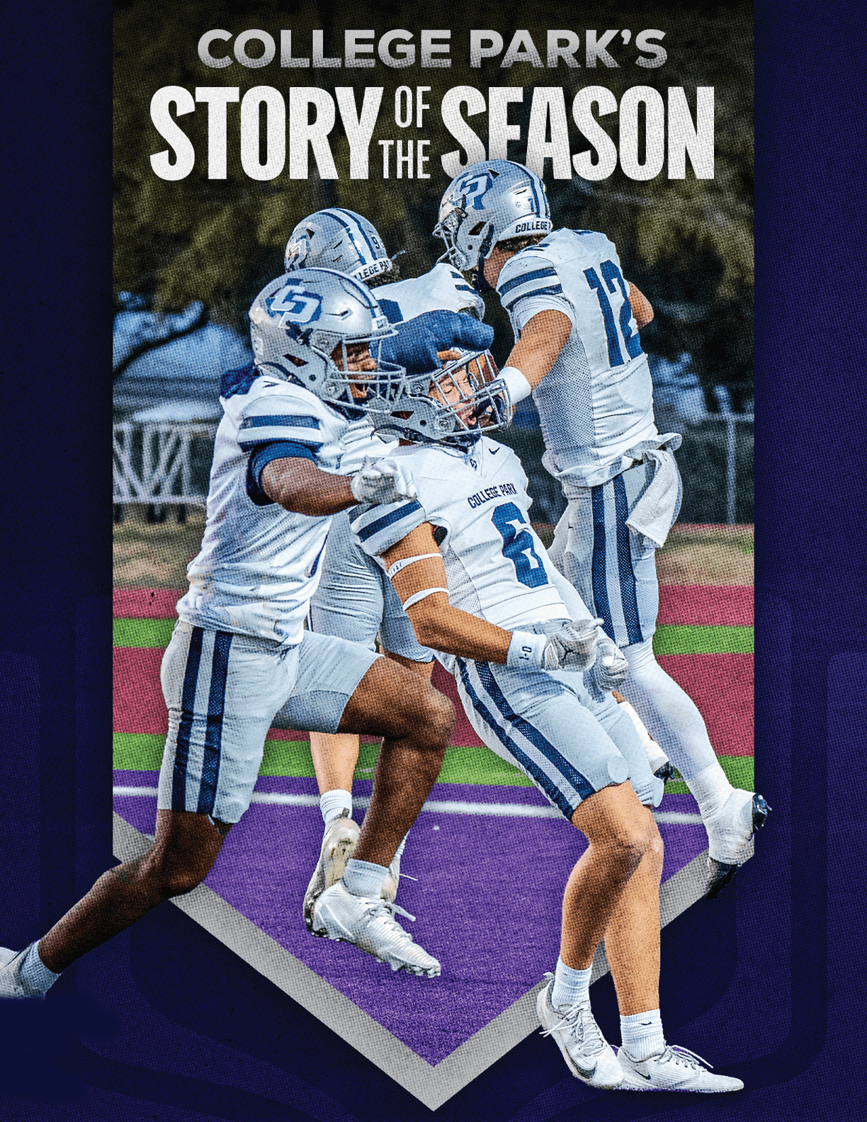 Three people in white and blue football uniforms celebrate energetically on a purple field with the text “College Park's Story of the Season" above them. Descripci n generada con IA