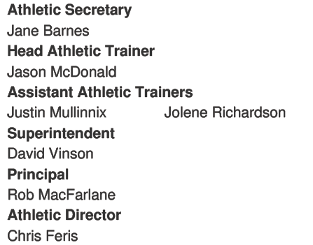 A list of athletic department staff roles and names including Athletic Secretary, Head Athletic Trainer, Assistant Athletic Trainers, Superintendent, Principal, and Athletic Director. Descripci n generada con IA